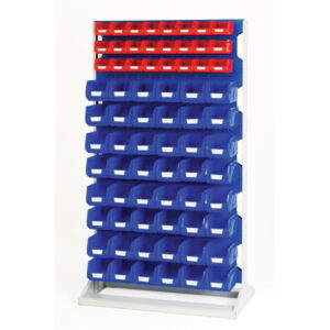 Storage for Small Parts Bins - Louvre Panel Rack Double Sided And Bin Kit with 10 Panels, 48X Red 96X Blue Bins. WxDxH: 1000X550X1775mm Ral 7035/5010 _SKU-16917225.11V