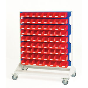 Mobile Storage Bin Trolley - Louvre Panel Trolley Double Sided And Bins with 6 Panels, 144X Red Bins. WxDxH: 1000X550X1250mm Ral 7035/5010 _SKU-16917271.11V