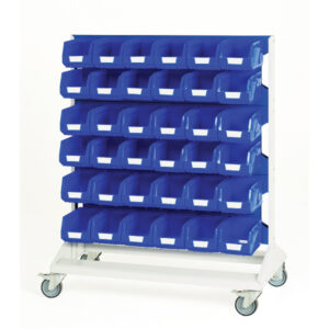 Mobile Storage Bin Cart - Louvre Panel Trolley Double Sided And Bins with 6 Panels, 72X Blue Bins. WxDxH: 1000X550X1250mm Ral 7035/5010 _SKU-16917272.11V