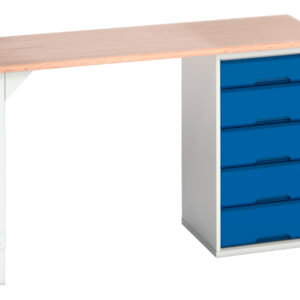 Verso Pedestal Bench with 5 Drawer - 525W Cab And Mpx Worktop. WxDxH: 1500X600X930mm Ral 7035/5010 _SKU-16921900.11