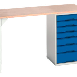 Verso Pedestal Bench with 7 Drawer - 525W Cab And Mpx Worktop. WxDxH: 1500X600X930mm Ral 7035/5010 _SKU-16921901.11