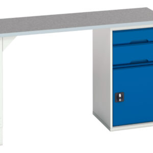 Metal Workbench with Cupboard - Verso Pedestal Bench with 2 Drawers/Cbd 525W Cab And Lino Top. WxDxH: 1500X600X930mm Ral 7035/5010 _SKU-16921912.11