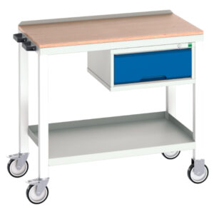 Steel Worktop Workstation On Wheels - Verso Mobile Welded Bench with 1 Drawer Cab And Mpx Top. WxDxH: 1000X600X930mm Ral 7035/5010 _SKU-16922801.11