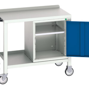 Steel Worktop Workstation On Wheels - Verso Mobile Welded Bench with Cupboard And Steel Top. WxDxH: 1000X600X910mm Ral 7035/5010 _SKU-16922802.11