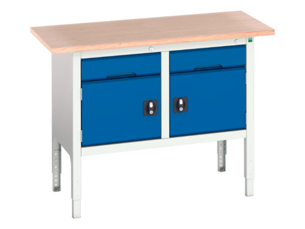 Garage Storage Workshop Bench - Verso Adj. Height Storage Bench (Mpx) with 1 Drawer-Cbd / 1 Drawer-Cbd. WxDxH: 1250X600X830-930mm Ral 7035/5010 _SKU-16923001.11