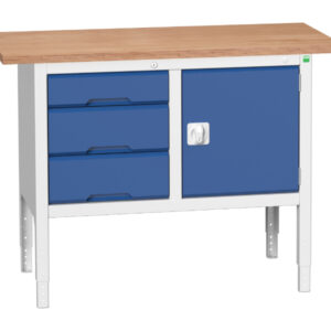 Workshop Storage And Bench - Verso Adj. Height Storage Bench (Mpx) with 3 Drawer Cab / Cupboard. WxDxH: 1250X600X830-930mm Ral 7035/5010 _SKU-16923003.11