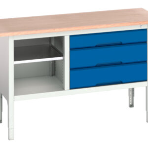 1. 5M Storage Workbench - Verso Adj. Height Storage Bench (Mpx) with Mid Shelf / 3 Drawer Cab. WxDxH: 1500X600X830-930mm Ral 7035/5010 _SKU-16923013.11