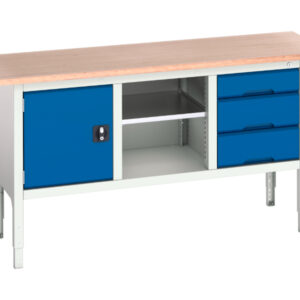 Workbench Storage Cupboard - Verso Adj. Height Storage Bench (Mpx) with Cupboard / Mid Shelf / 3 Drawer Cab. WxDxH: 1750X600X830-930mm Ral 7035/5010 _SKU-16923020.11