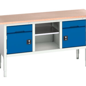 Metal Work Bench with Drawer - Verso Adj. Height Storage Bench (Mpx) with 1 Drwr-Cbd / Mid Shelf / 1 Drwr-Cbd. WxDxH: 1750X600X830-930mm Ral 7035/5010 _SKU-16923021.11