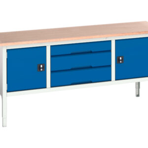 Workbench with Cupboard Underneath - Verso Adj. Height Storage Bench (Mpx) with Cupboard / 3 Drawer Cab / Cupboard. WxDxH: 2000X600X830-930mm Ral 7035/5010 _SKU-16923032.11