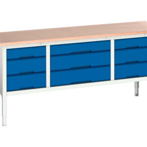2M Wide Height Adjustable Workbench - Verso Adj. Height Storage Bench (Mpx) with 3 Drw Cab / 3 Drw Cab / 3 Drw Cab. WxDxH: 2000X600X830-930mm Ral 7035/5010 _SKU-16923033.11