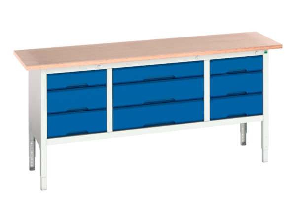 2M Wide Height Adjustable Workbench - Verso Adj. Height Storage Bench (Mpx) with 3 Drw Cab / 3 Drw Cab / 3 Drw Cab. WxDxH: 2000X600X830-930mm Ral 7035/5010 _SKU-16923033.11