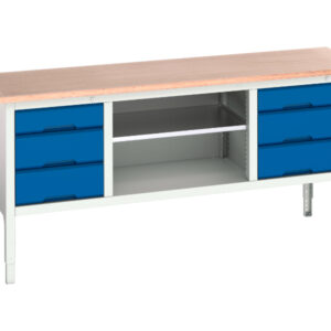 Workshop Metal Workbench - Verso Adj. Height Storage Bench (Mpx) with 3 Drw Cab / Mid Shlf / 3 Drw Cab. WxDxH: 2000X600X830-930mm Ral 7035/5010 _SKU-16923034. 10
