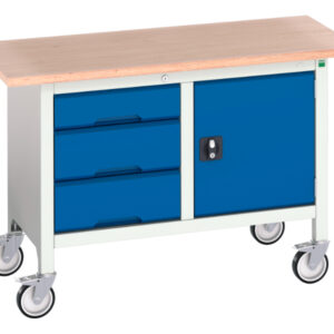 Metal Mobile Storage Workbench - Verso Mobile Storage Bench (Mpx) with 3 Drawer Cab / Cupboard. WxDxH: 1250X600X830mm Ral 7035/5010 _SKU-16923203.11