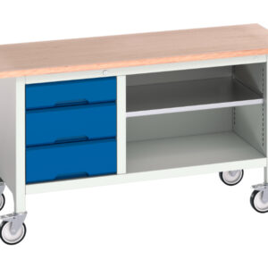 Steel Mobile Storage Workbench - Verso Mobile Storage Bench (Mpx) with 3 Drawer Cab / Mid Shelf. WxDxH: 1500X600X830mm Ral 7035/5010 _SKU-16923212.11