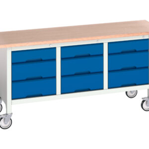 3 Drawer Workbench On Castors - Verso Mobile Storage Bench (Mpx) with 3 Drw Cab / 3 Drw Cab / 3 Drw Cab. WxDxH: 1750X600X830mm Ral 7035/5010 _SKU-16923223.11