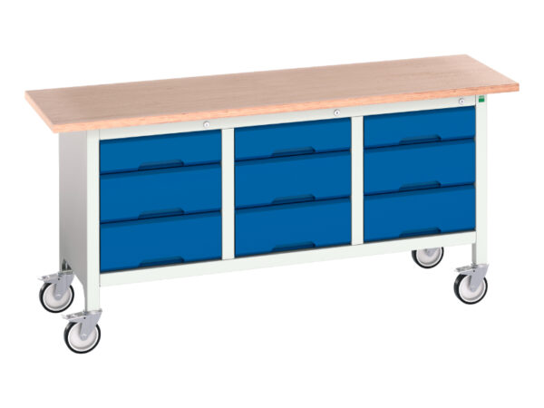 3 Drawer Workbench On Castors - Verso Mobile Storage Bench (Mpx) with 3 Drw Cab / 3 Drw Cab / 3 Drw Cab. WxDxH: 1750X600X830mm Ral 7035/5010 _SKU-16923223.11
