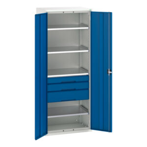 Tall Metal Cupboard with Drawers - Verso Kitted Cupboard with 4 Shelves, 3 Drawers. WxDxH: 800X550X2000mm Ral 7035/5010 _SKU-16926456.11