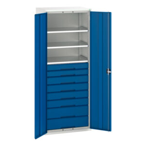 8 Drawer Metal Cupboard - Verso Kitted Cupboard with 3 Shelves, 8 Drawers. WxDxH: 800X550X2000mm Ral 7035/5010 _SKU-16926458.11
