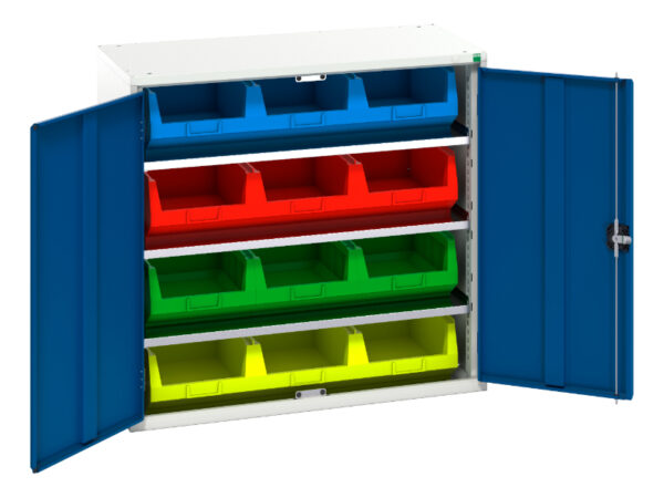 Parts Storage Bins Cupboard - Verso Bin Cupboard with 3 Shelves, 12 Bins. WxDxH: 1050X550X1000mm Ral 7035/5010 _SKU-16926550.11