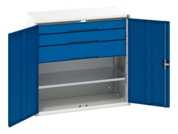 Cupboard with Drawers - Verso Kitted Cupboard with 1 Shelf, 3 Drawers. WxDxH: 1050X550X1000mm Ral 7035/5010 _SKU-16926554.11