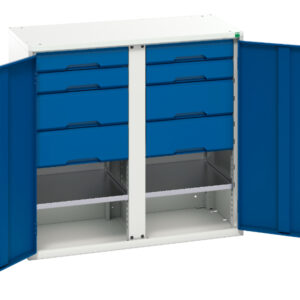 Metal Cupboard with Storage Shelves - Verso Kitted Cupboard with 2 Shelves, 8 Drawers. WxDxH: 1050X550X1000mm Ral 7035/5010 _SKU-16926557.11