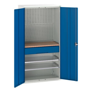 Workshop Metal Cupboard Worktop - Verso Kitted Cupboard with 2 Shelves, 1 Drw, Backpnls, Worktop. WxDxH: 1050X550X2000mm Ral 7035/5010 _SKU-16926570.11