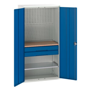 Tall Storage Cupboard with Doors - Verso Kitted Cupboard with 1 Shelf, 2 Drw, Backpnls, Worktop. WxDxH: 1050X550X2000mm Ral 7035/5010 _SKU-16926571.11
