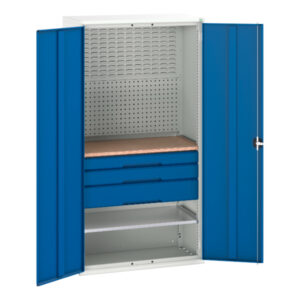 Tall Storage - Verso Kitted Cupboard with 1 Shelf, 3 Drw, Backpnls, Worktop. WxDxH: 1050X550X2000mm Ral 7035/5010 _SKU-16926572.11