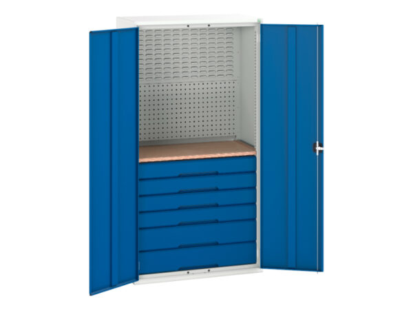 6 Drawer Metal Cupboard - Verso Kitted Cupboard with 6 Drawers, Backpanels, Worktop. WxDxH: 1050X550X2000mm Ral 7035/5010 _SKU-16926573.11