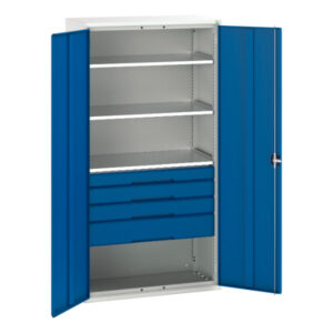 Tall Workshop Metal Cupboard with Shelves - Verso Kitted Cupboard with 3 Shelves, 4 Drawers. WxDxH: 1050X550X2000mm Ral 7035/5010 _SKU-16926576.11