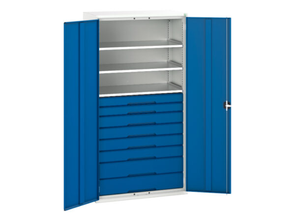 Workshop Cupboard with Drawers - Verso Kitted Cupboard with 3 Shelves, 8 Drawers. WxDxH: 1050X550X2000mm Ral 7035/5010 _SKU-16926577.11