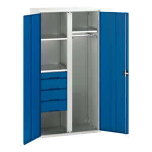 Workshop Cupboard with 3 Shelves - Verso Kitted Cupboard with 3 Shelves, 4 Drawers, 1 Rail. WxDxH: 1050X550X2000mm Ral 7035/5010 _SKU-16926581.11