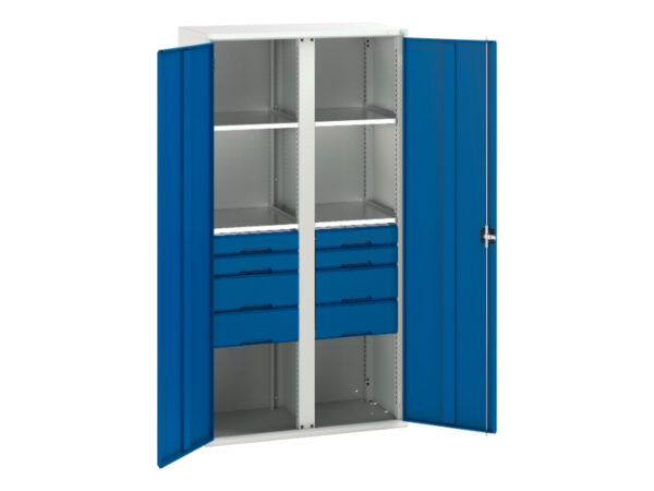 8 Drawer Metal Cupboard - Verso Kitted Cupboard with 4 Shelves, 8 Drawers. WxDxH: 1050X550X2000mm Ral 7035/5010 _SKU-16926583.11