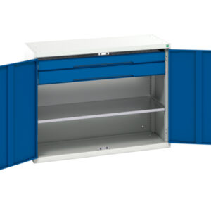Workshop Storage Cupboards with Shelves - Verso Kitted Cupboard with 1 Shelf, 2 Drawers. WxDxH: 1300X550X1000mm Ral 7035/5010 _SKU-16926605.11
