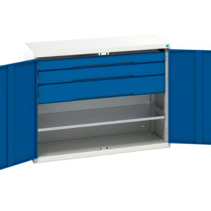 Metal Storage Cabinet with Doors - Verso Kitted Cupboard with 1 Shelf, 3 Drawers. WxDxH: 1300X550X1000mm Ral 7035/5010 _SKU-16926607.11