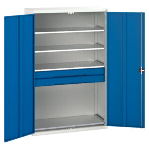 Metal Cupboard with 2 Drawers - Verso Kitted Cupboard with 4 Shelves, 2 Drawers. WxDxH: 1300X550X2000mm Ral 7035/5010 _SKU-16926654.11