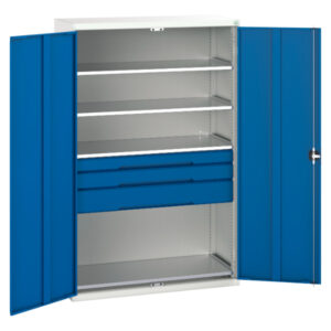 Verso Kitted Cupboard with 4 Shelves, 3 Drawers. WxDxH: 1300X550X2000mm Ral 7035/5010 _SKU-16926655.11