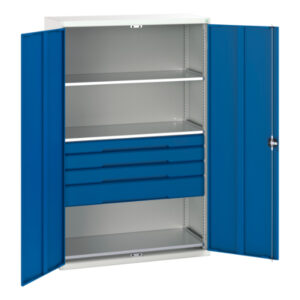 4 Drawer Metal Cupboard - Verso Kitted Cupboard with 3 Shelves, 4 Drawers. WxDxH: 1300X550X2000mm Ral 7035/5010 _SKU-16926656.11