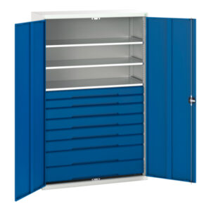 Metal Cupboard with Drawers - Verso Kitted Cupboard with 3 Shelves, 8 Drawers. WxDxH: 1300X550X2000mm Ral 7035/5010 _SKU-16926657.11