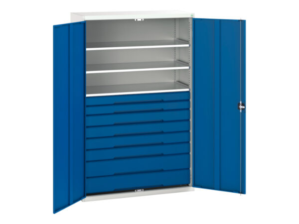 Metal Cupboard with Drawers - Verso Kitted Cupboard with 3 Shelves, 8 Drawers. WxDxH: 1300X550X2000mm Ral 7035/5010 _SKU-16926657.11