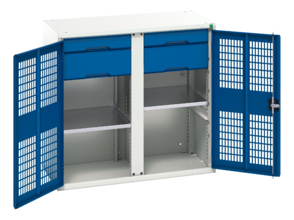 Mesh Door Cupboard with Drawers - Verso Ventilated Door Kitted Cupboard with 2 Shelves, 4 Drawers And Partition. WxDxH: 1050X550X1000mm Ral 7035/5010 _SKU-16926764.11
