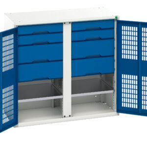 8 Drawer Metal Mesh Storage Cupboard - Verso Ventilated Door Kitted Cupboard with 2 Shelves, 8 Drawers And Partition. WxDxH: 1050X550X1000mm Ral 7035/5010 _SKU-16926765.11