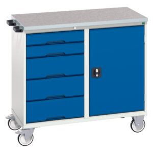 Mobile Tool Cabinet - Verso Maintenance Trolley with 5 Drawers, Door And Lino Top. WxDxH: 1050X600X980mm Ral 7035/5010 _SKU-16927120.11