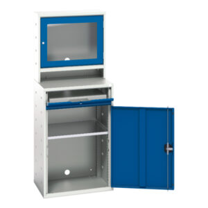 Industrial Computer Cabinet - Verso Computer Cupboard with Screen Cbd, 1 Shelf, 1 Sliding Tray. WxDxH: 650X550X1650mm Ral 7035/5010 _SKU-16928001.11