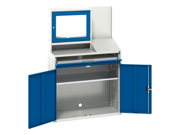 Computer Cabinet with Doors - Verso Computer Cupboard with Screen Cbd, 1 Shelf, 1 Sliding Tray. WxDxH: 1050X550X1650mm Ral 7035/5010 _SKU-16928022.11