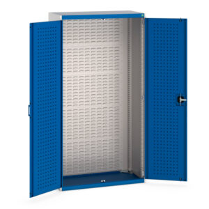 Workshop Steel Cupboard with Tool Pegboard - Cubio Cupboard with Perfo Doors, Full Louvre Backpanel. WxDxH: 1050X525X2000mm Ral 7035/5010 _SKU-40013055.11V