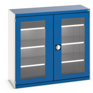 Commercial Storage Cabinet - Cubio Cupboard with Window Doors And 3 Shelves. WxDxH: 1300X525X1200mm Ral 7035/5010 _SKU-40014056.11V
