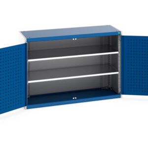 Lockable Metal Cabinet with 2 Shelves - Cubio Cupboard with Perfo Doors And 2 Shelves. WxDxH: 1300X525X900mm Ral 7035/5010 _SKU-40014066.11V