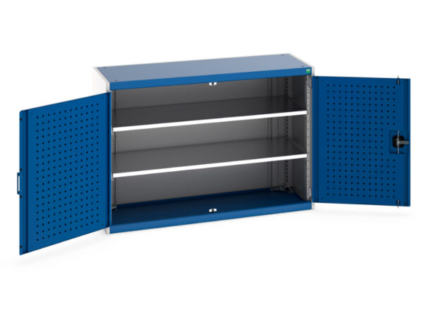 Lockable Metal Cabinet with 2 Shelves - Cubio Cupboard with Perfo Doors And 2 Shelves. WxDxH: 1300X525X900mm Ral 7035/5010 _SKU-40014066.11V
